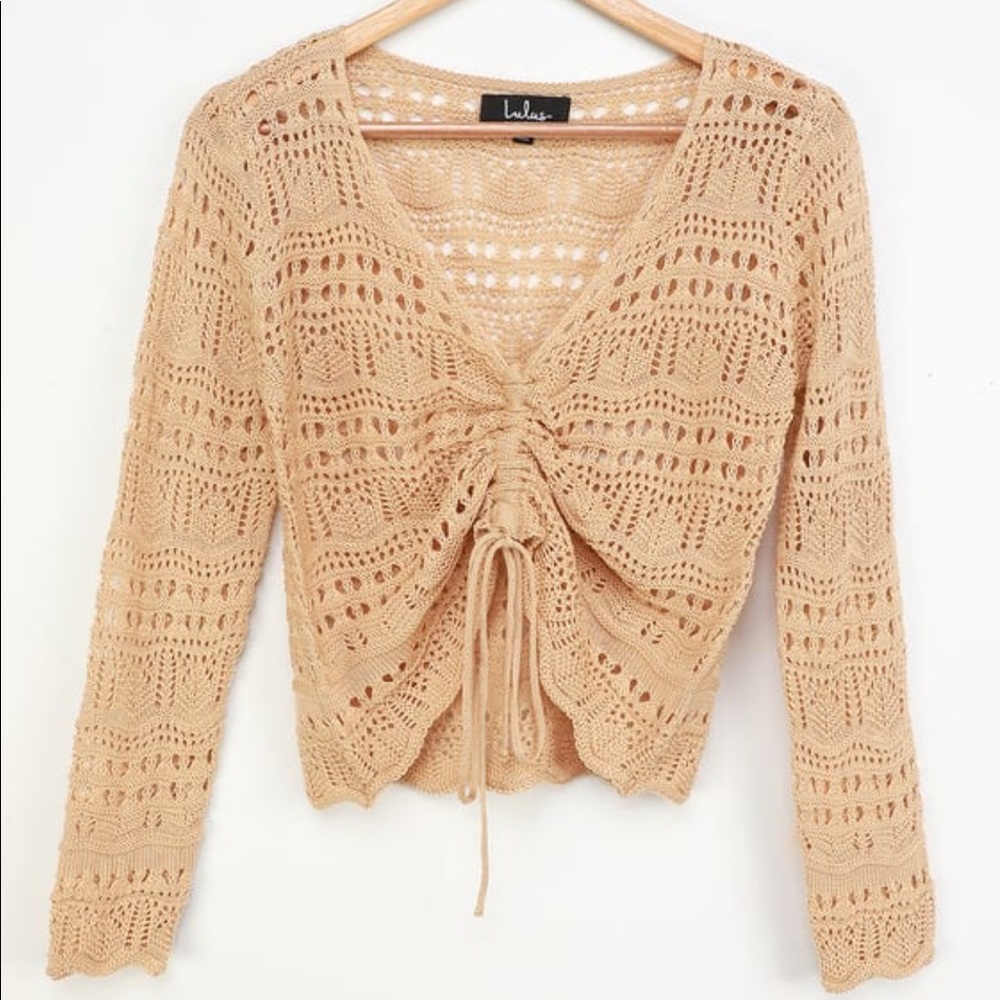 NWT Lulus Sheer Crochet Ruched Top Sweater